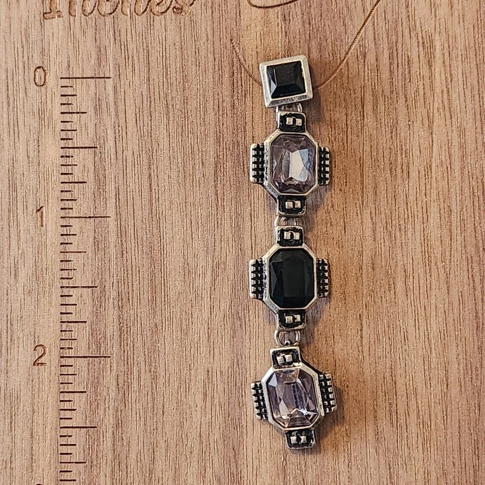 Black Lavender Crystal Art Deco Drop Earrings Silver Tone Geometric‎ 2.75